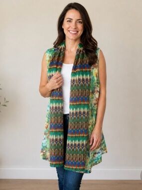Anu Womens XL Sheer Long Tunic Vest Sleeveless Floral Green Blue Orange Long